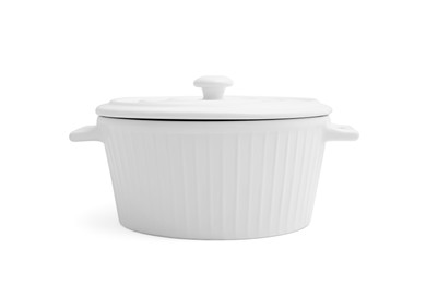 Photo of One ceramic pot with lid isolated on white