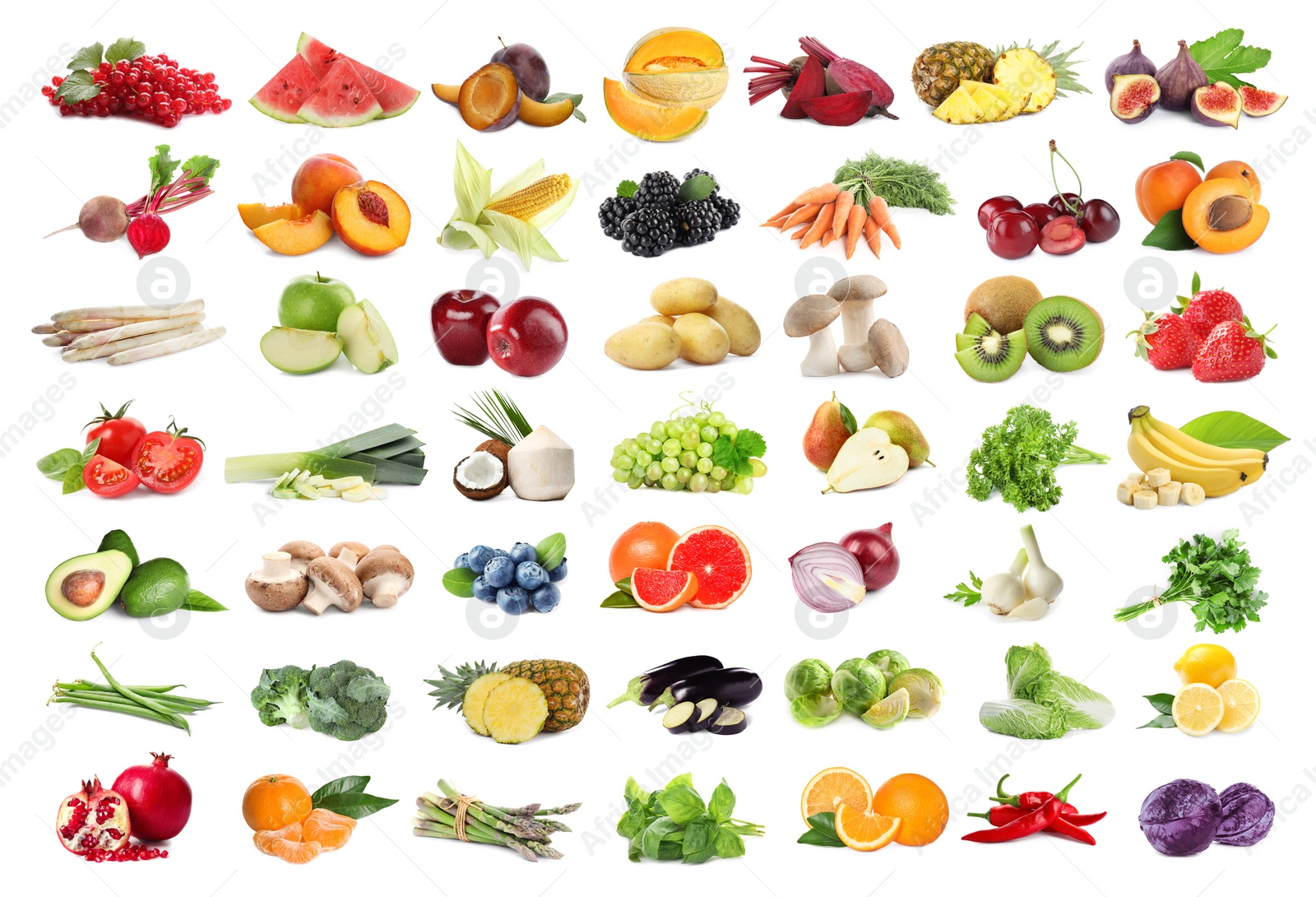 Image of Assortment of organic fresh fruits and vegetables on white background