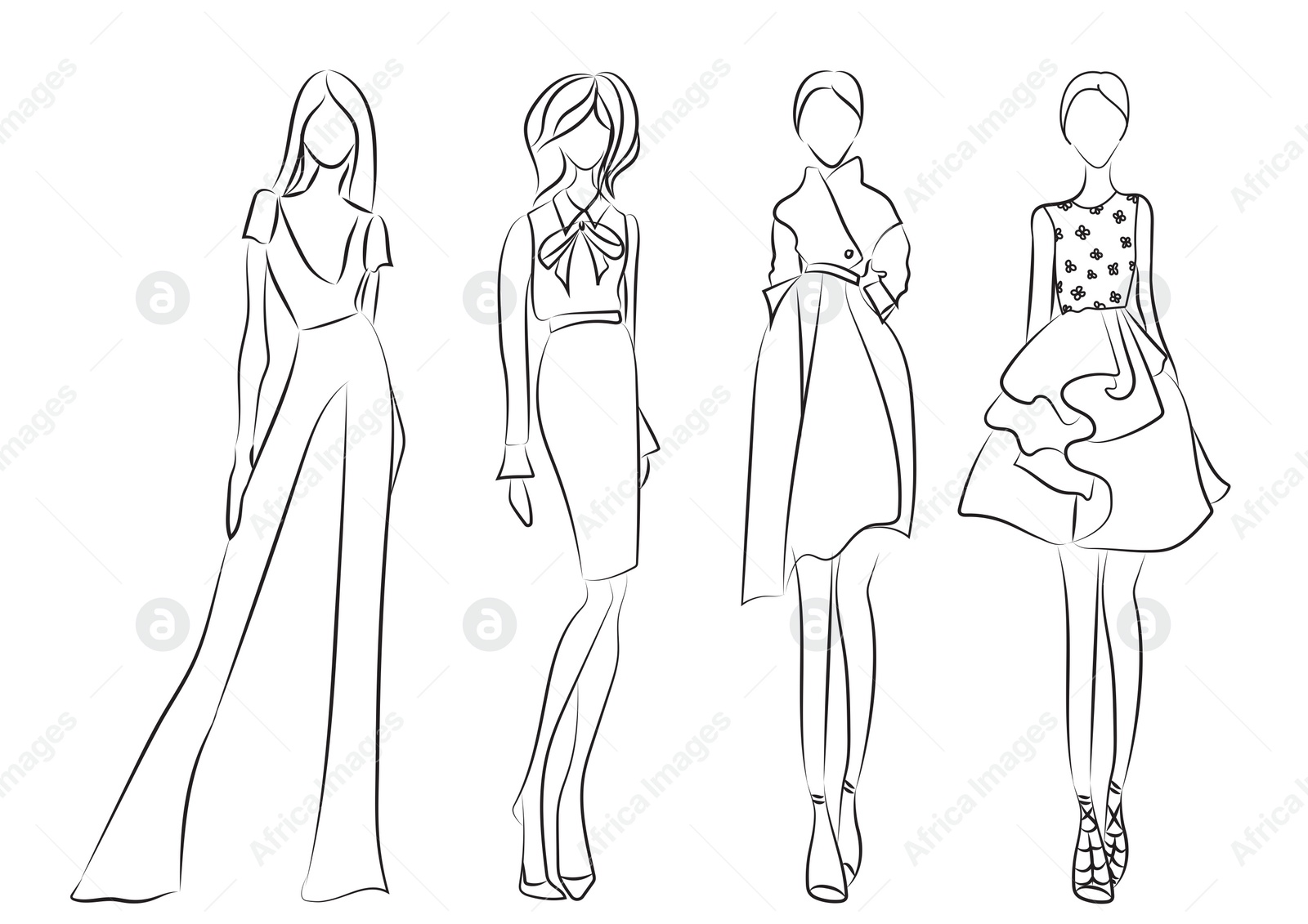 Illustration of Fashion sketch. Models wearing stylish clothes on white background, illustration