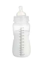 One feeding bottle with infant formula on white background