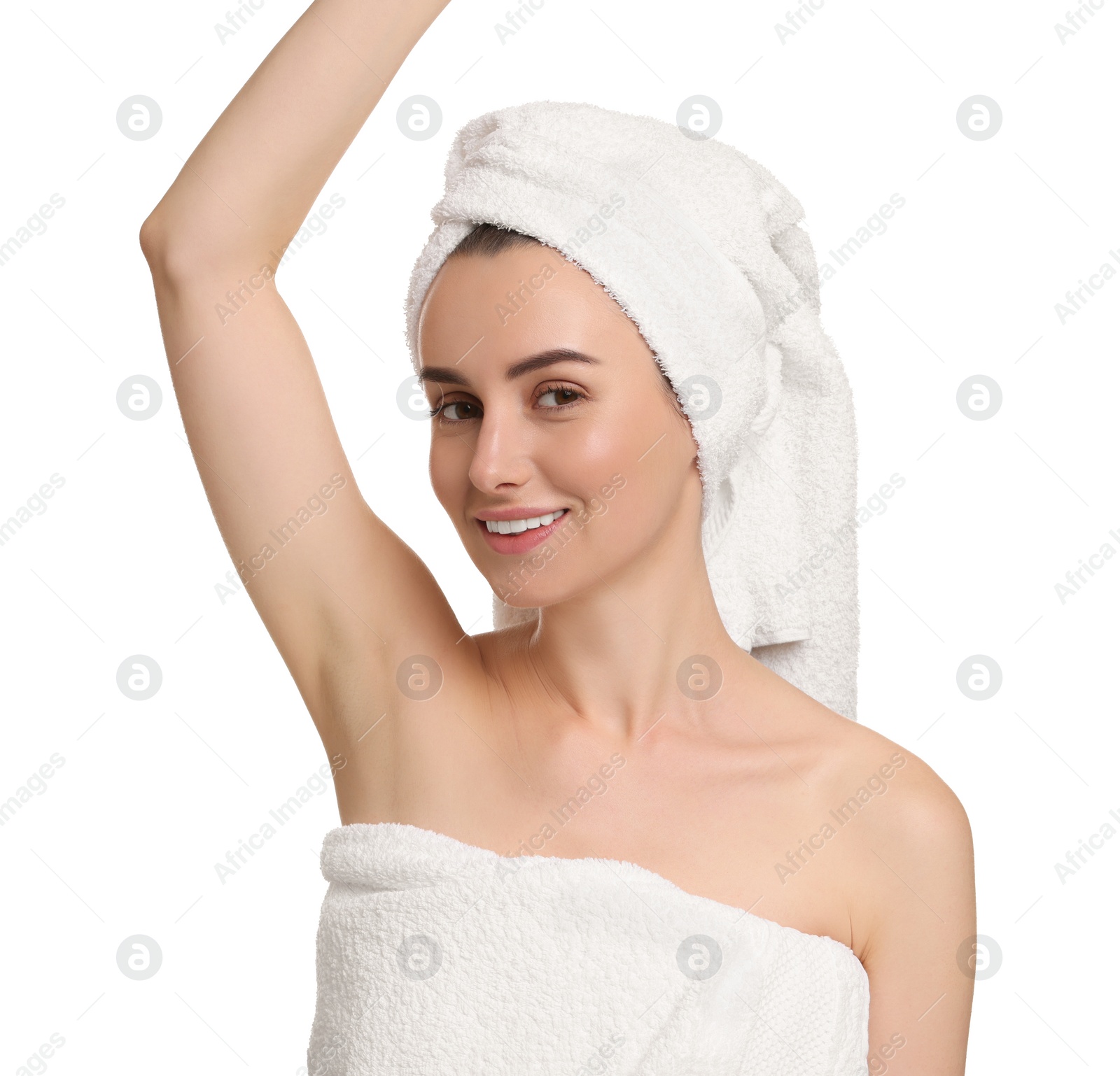 Photo of Beautiful woman showing armpit with smooth clean skin on white background