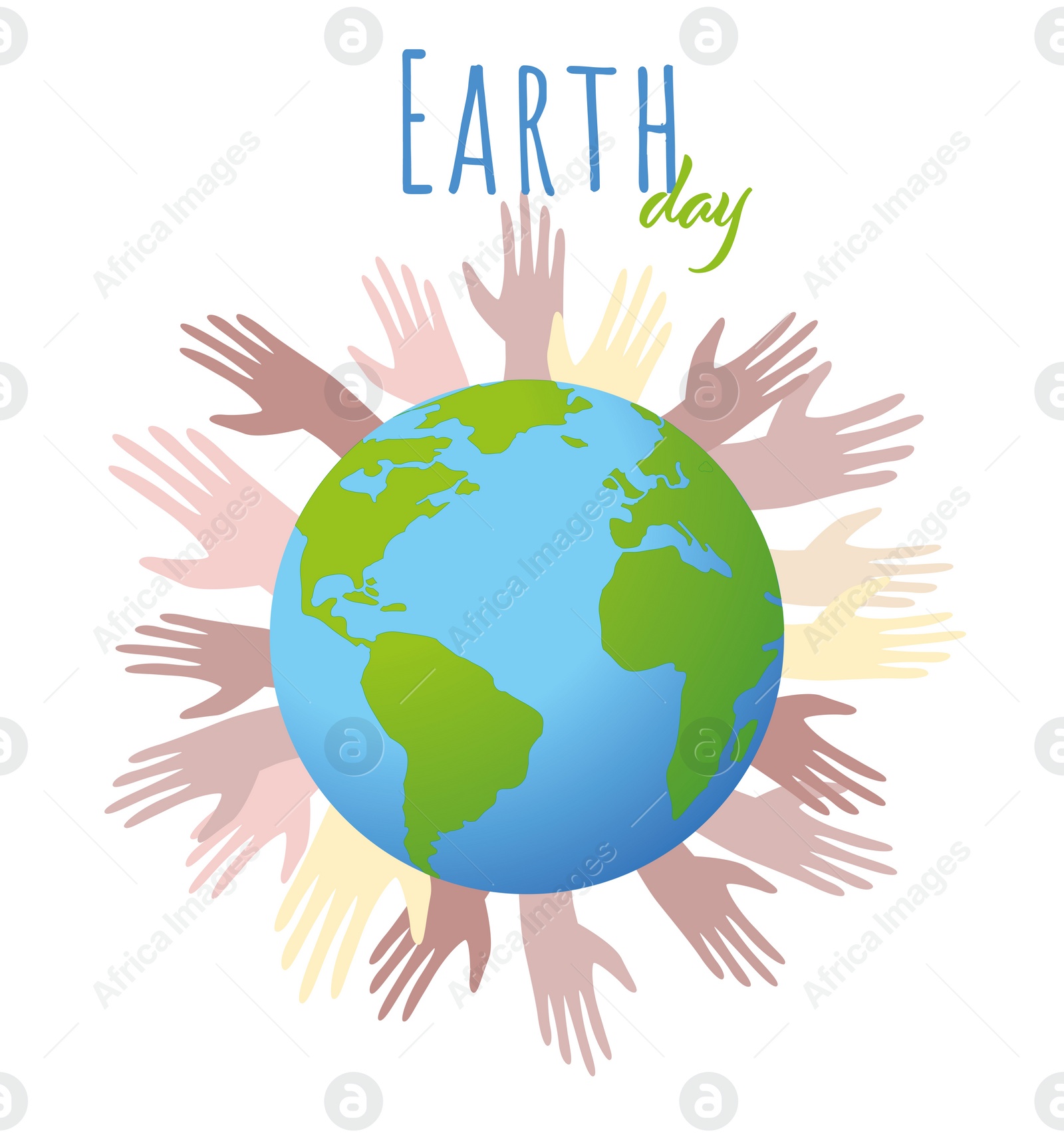 Illustration of Happy Earth Day. Planet surrounded by hands on white background, illustration 