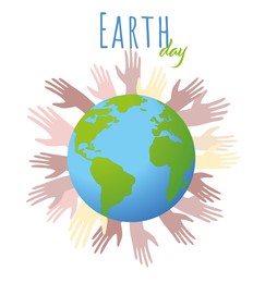 Illustration of Happy Earth Day. Planet surrounded by hands on white background, illustration 