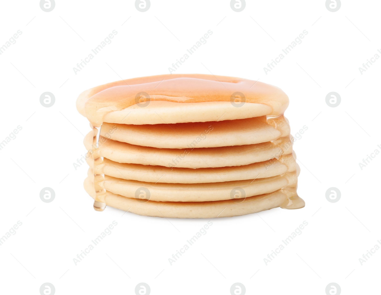 Photo of Delicious pancakes with honey isolated on white