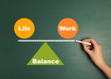 Image of Work-life balance concept. Woman drawing on chalkboard, closeup