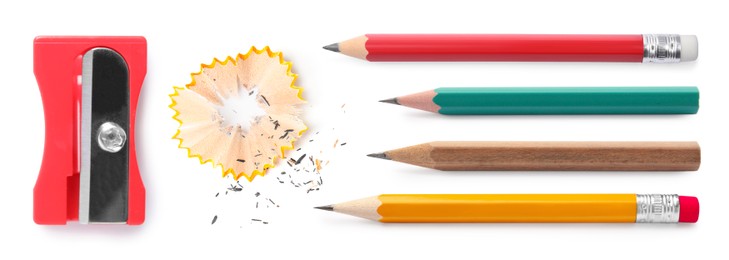 Image of Different graphite pencils, sharpener and shavings isolated on white, set