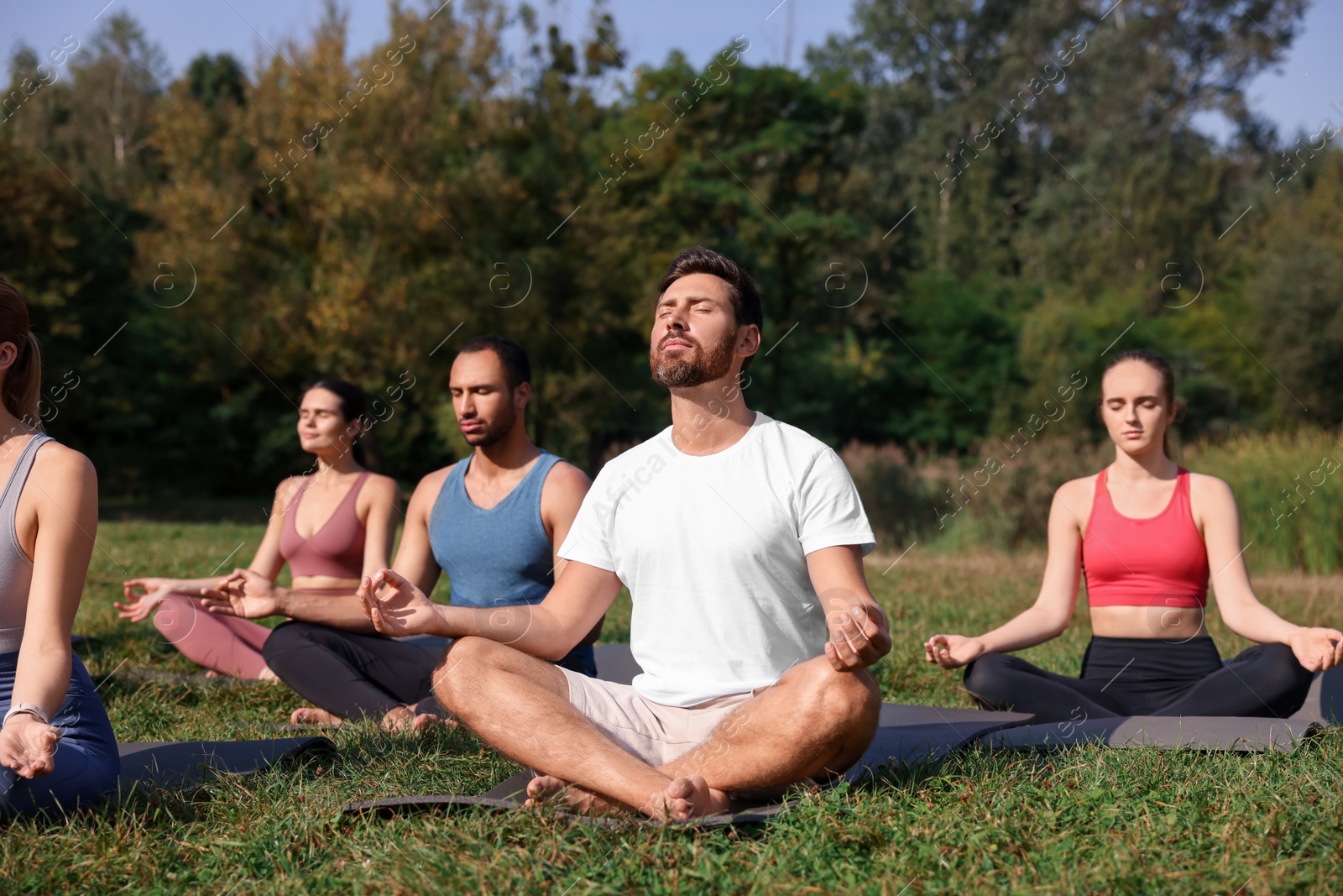 Photo of Group of people practicing yoga on mats outdoors. Lotus pose