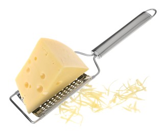 Image of Grating cheese with hand grater in air on white background