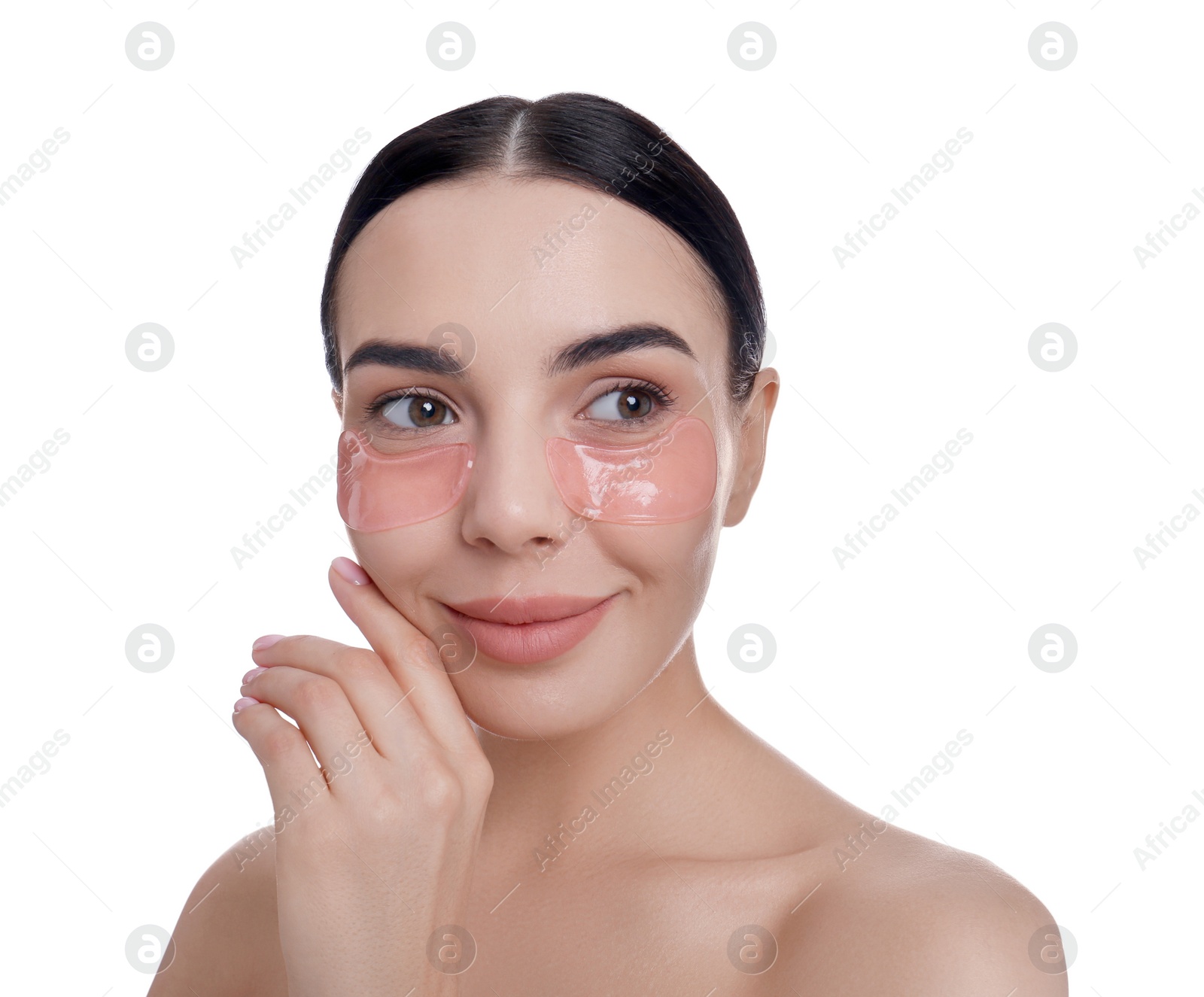 Photo of Beautiful young woman with under eye patches on white background