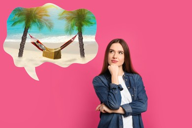 Image of Young woman dreaming about vacation on pink background
