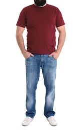 Overweight man isolated on white, closeup. Weight loss