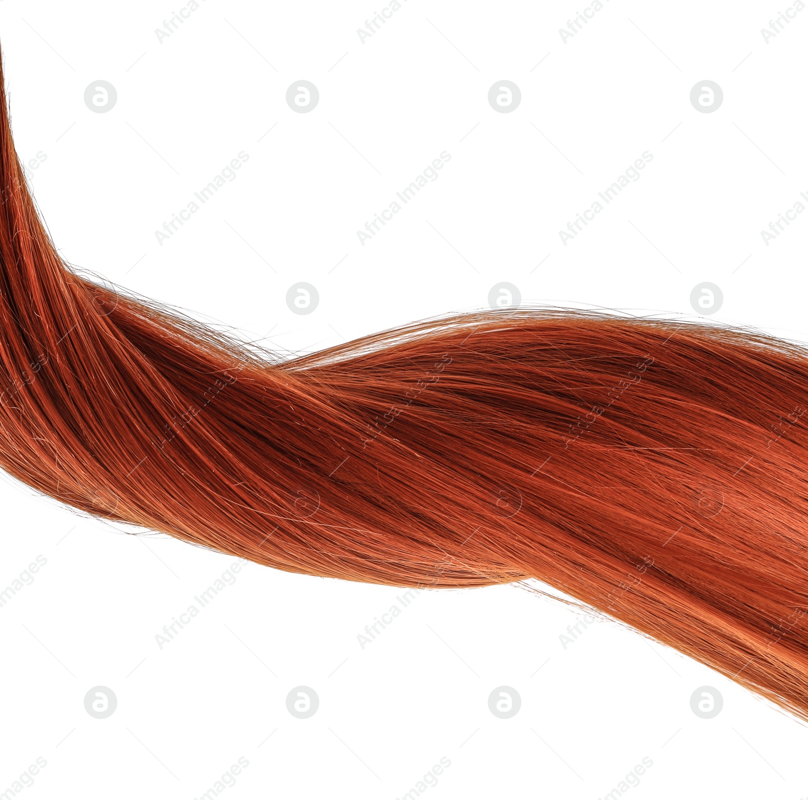 Photo of Beautiful red hair on white background, top view. Hairdresser service