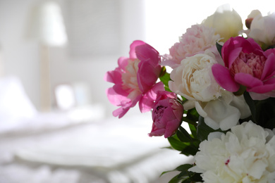 Beautiful blooming peonies against blurred background, closeup. Space for text