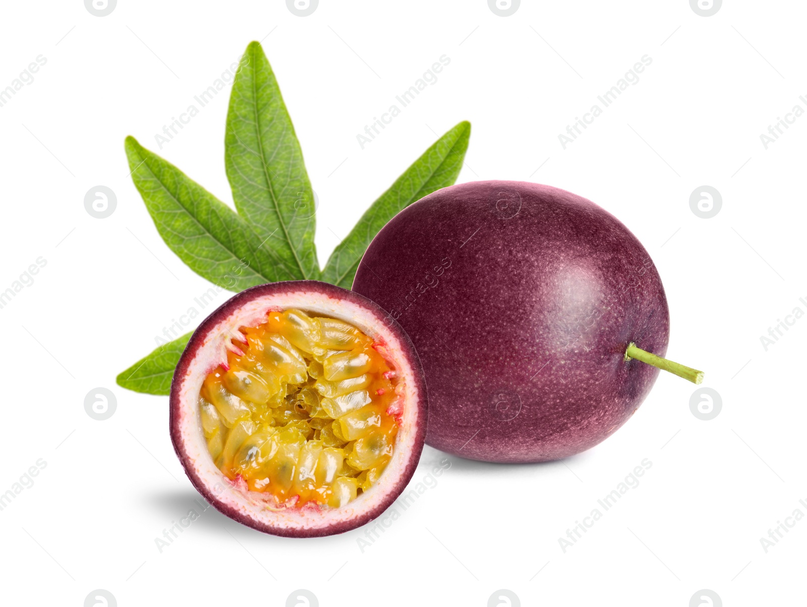 Image of Delicious ripe passion fruits and green leaves on white background