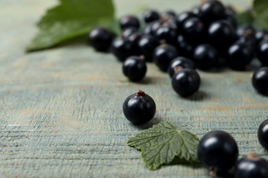 Ripe blackcurrants and leaves on wooden rustic table, closeup. Space for text