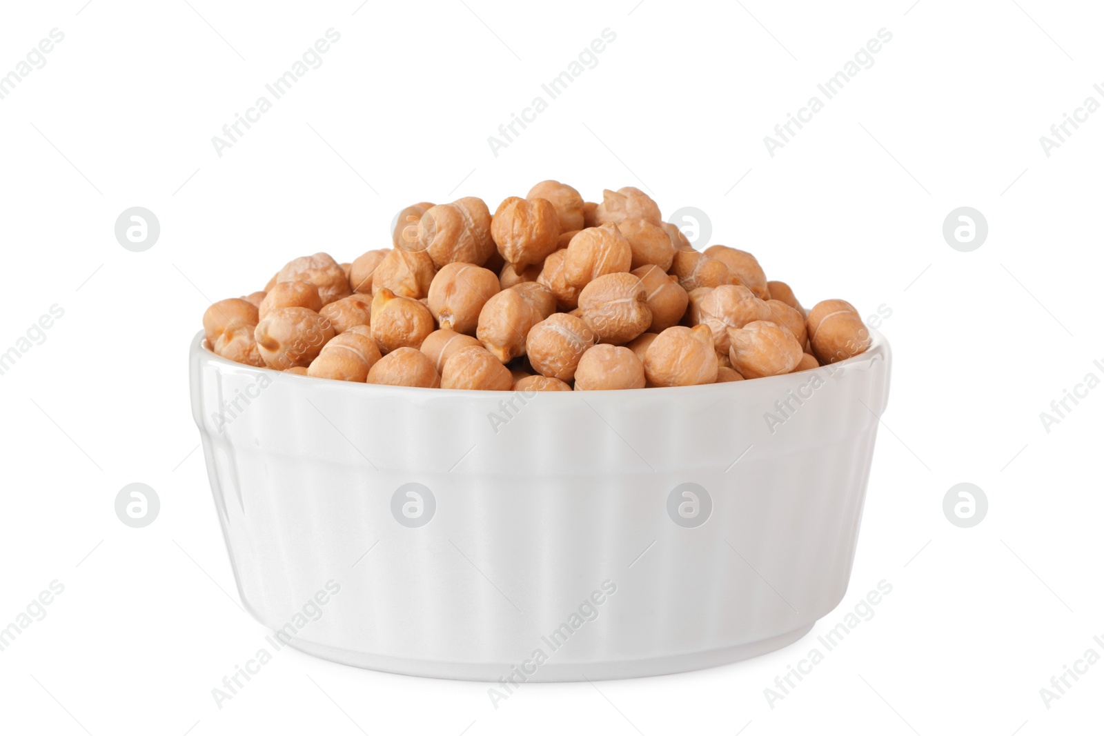 Photo of Raw chickpeas in bowl on white background