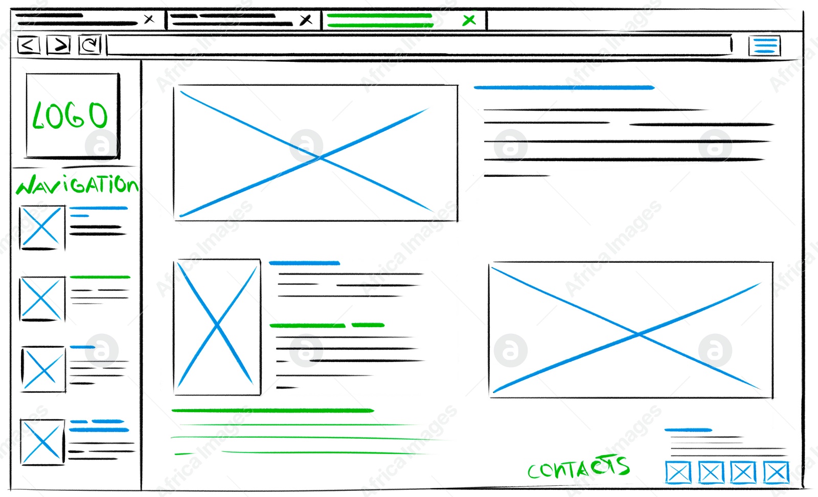 Image of Website design template. Wireframe with different elements on white background