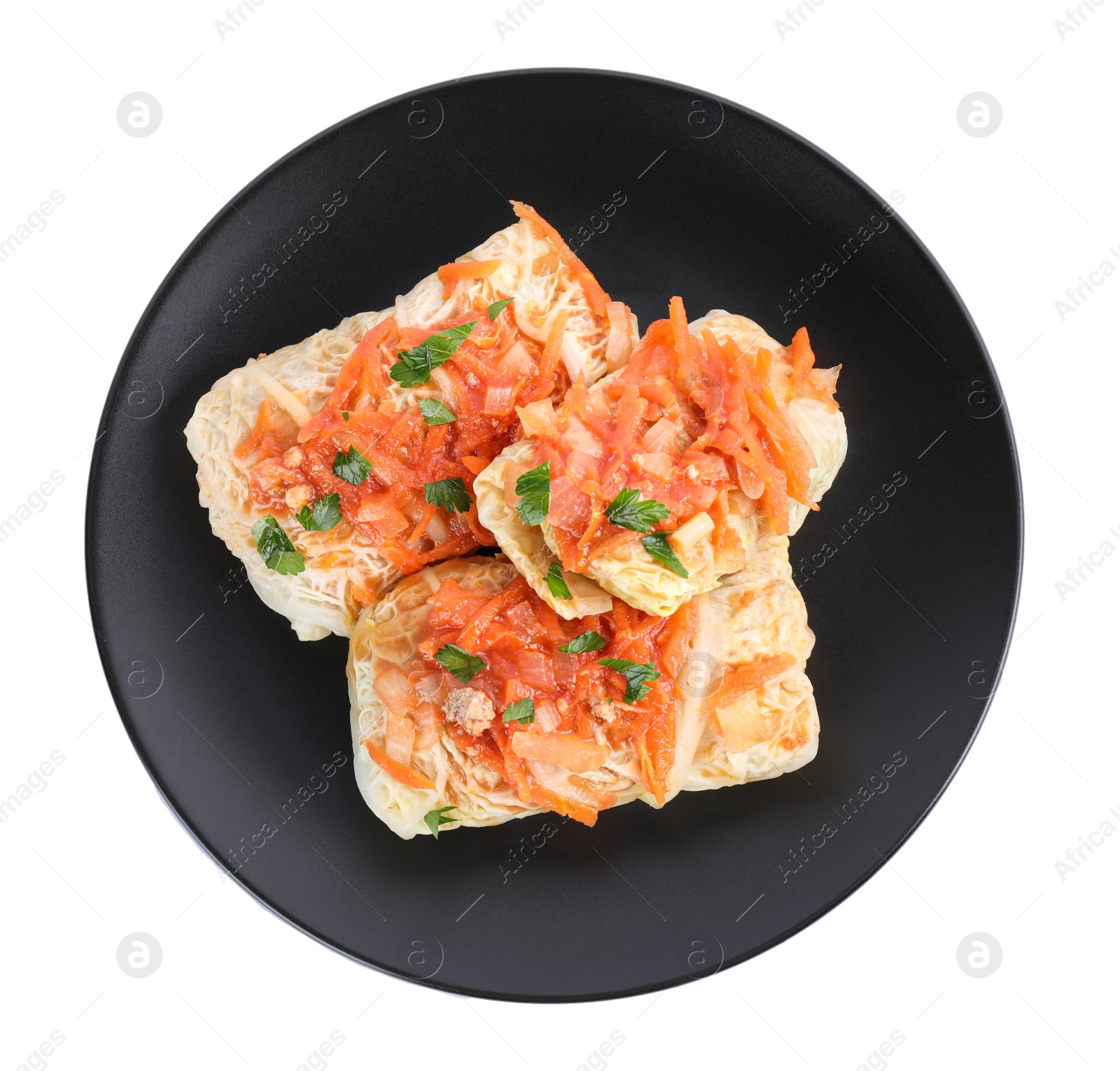 Photo of Delicious cabbage rolls isolated on white, top view