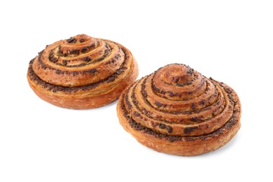 Photo of Freshly baked spiral pastries isolated on white
