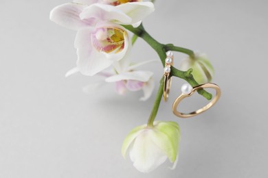 Elegant pearl rings and orchid flowers on white background, closeup