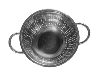 One clean empty colander isolated on white, top view