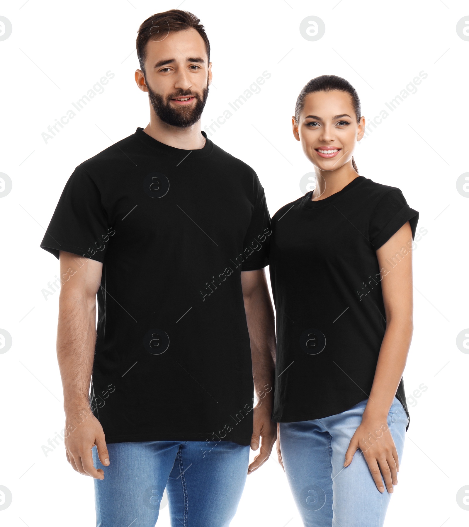 Photo of Young couple in t-shirts on white background. Mockup for design