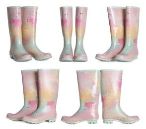 Image of Set with color rubber boots on white background 