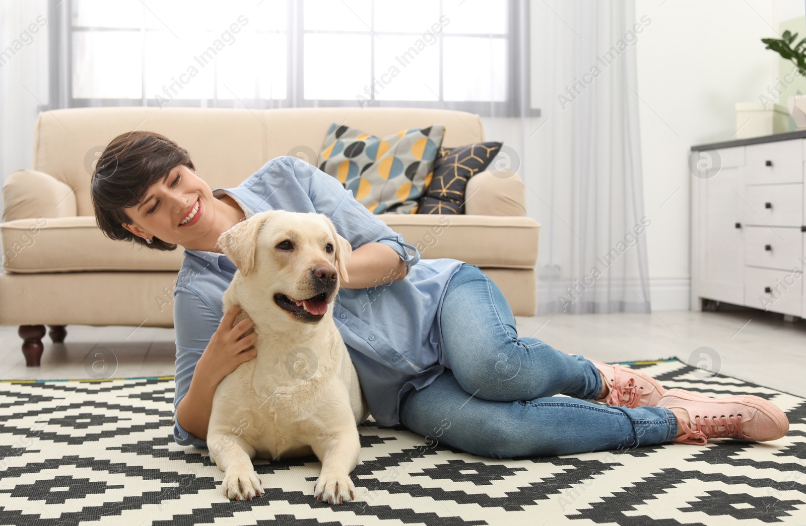 Photo of Adorable yellow labrador retriever with owner at home