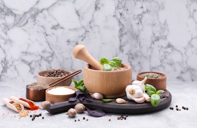 Photo of Mortar with pestle and different spices on light grey table against white marble wall