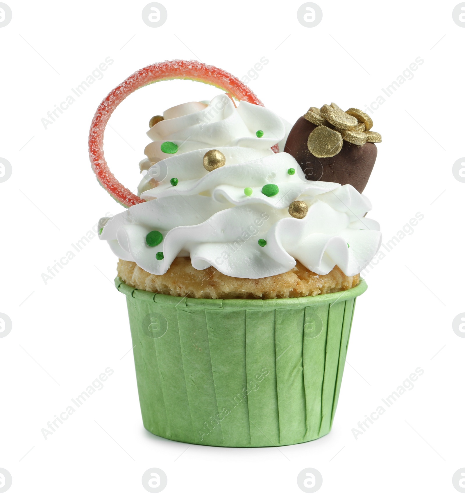 Photo of St. Patrick's day party. Tasty cupcake with toppers and sprinkles isolated on white
