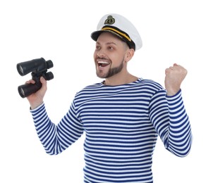 Photo of Happy sailor man with binoculars on white background