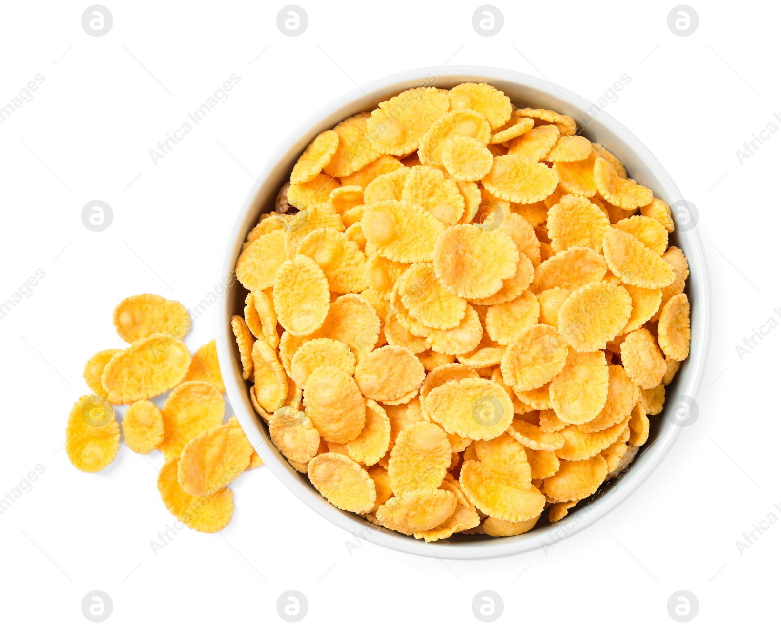 Photo of Bowl of tasty corn flakes on white background, top view