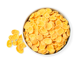 Bowl of tasty corn flakes on white background, top view