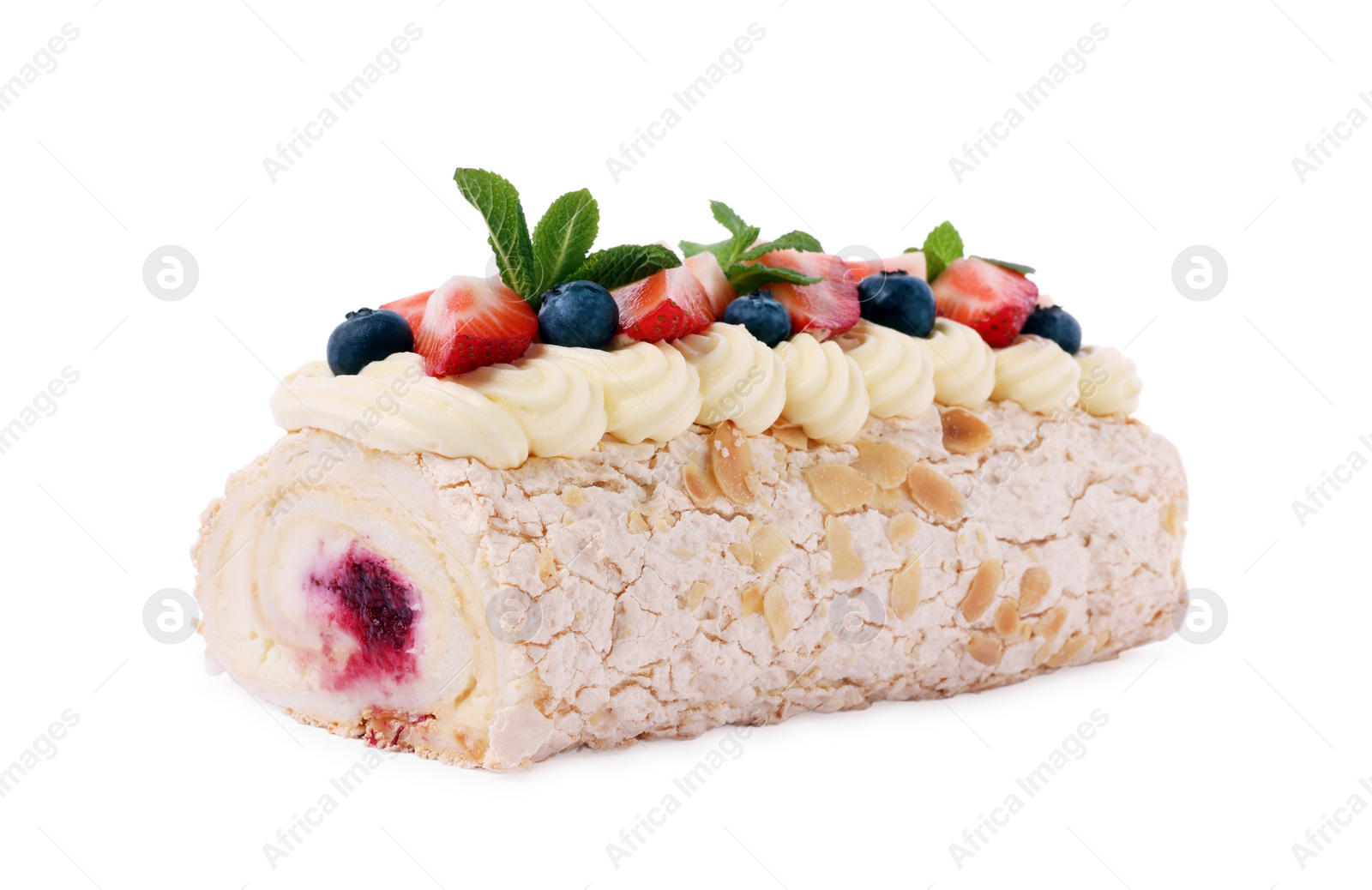 Photo of Tasty meringue roll with jam, berries and mint leaves isolated on white