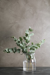 Bunch of eucalyptus branches with fresh leaves in vase on table