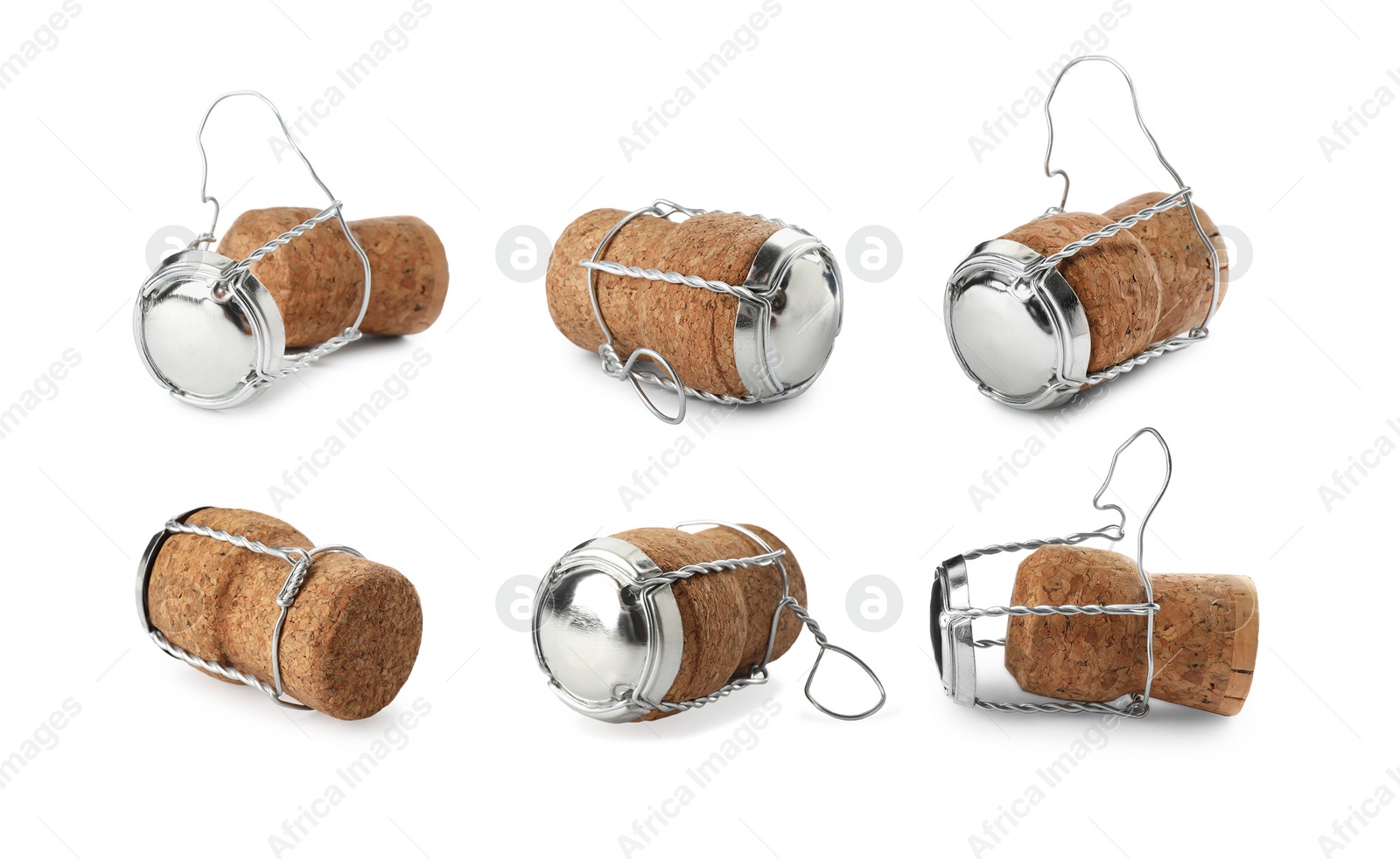 Image of Set with corks of sparkling wine bottles with muselet caps on white background