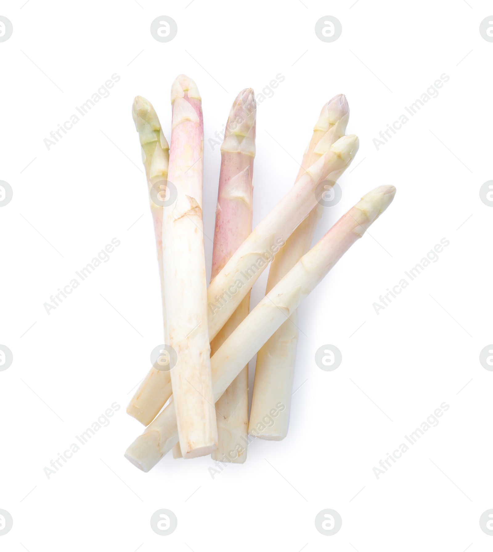 Photo of Pile of fresh raw asparagus isolated on white, top view