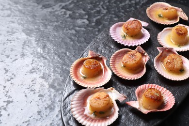 Photo of Delicious fried scallops in shells on black table, closeup