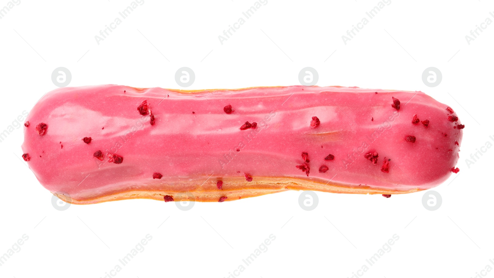 Photo of Delicious eclair covered with pink glaze isolated on white