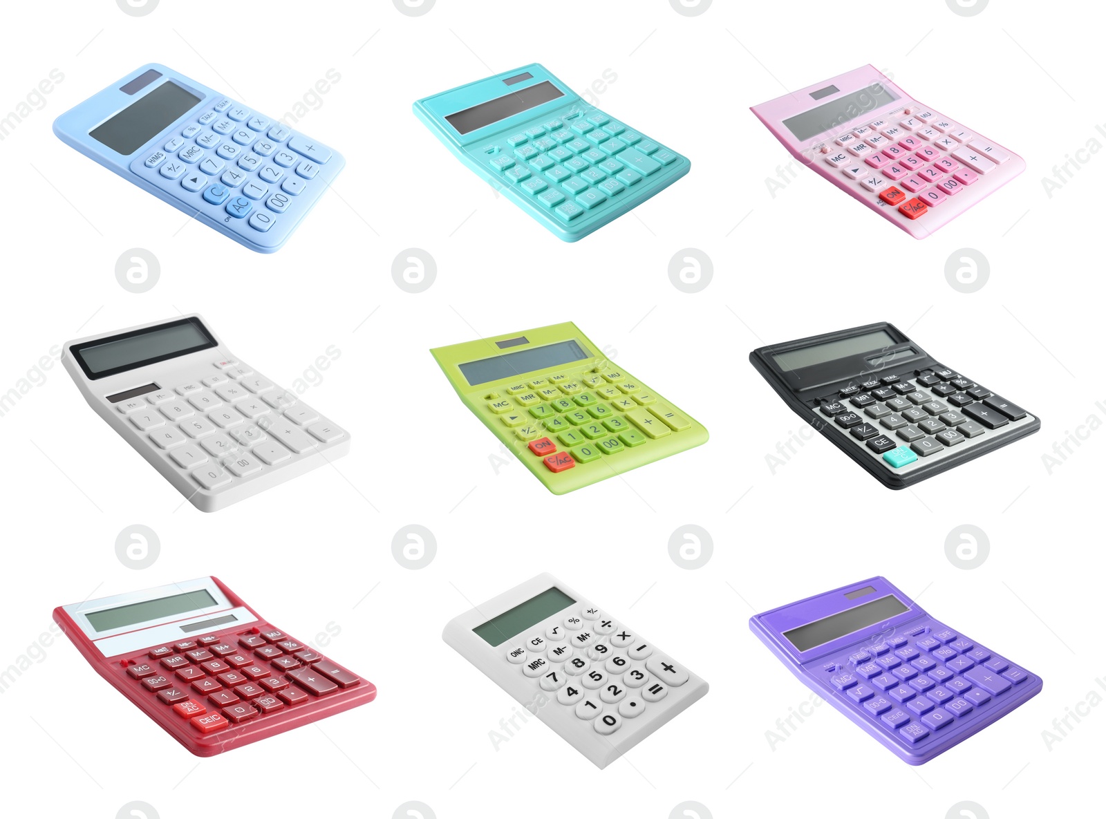 Image of Set of different calculators on white background