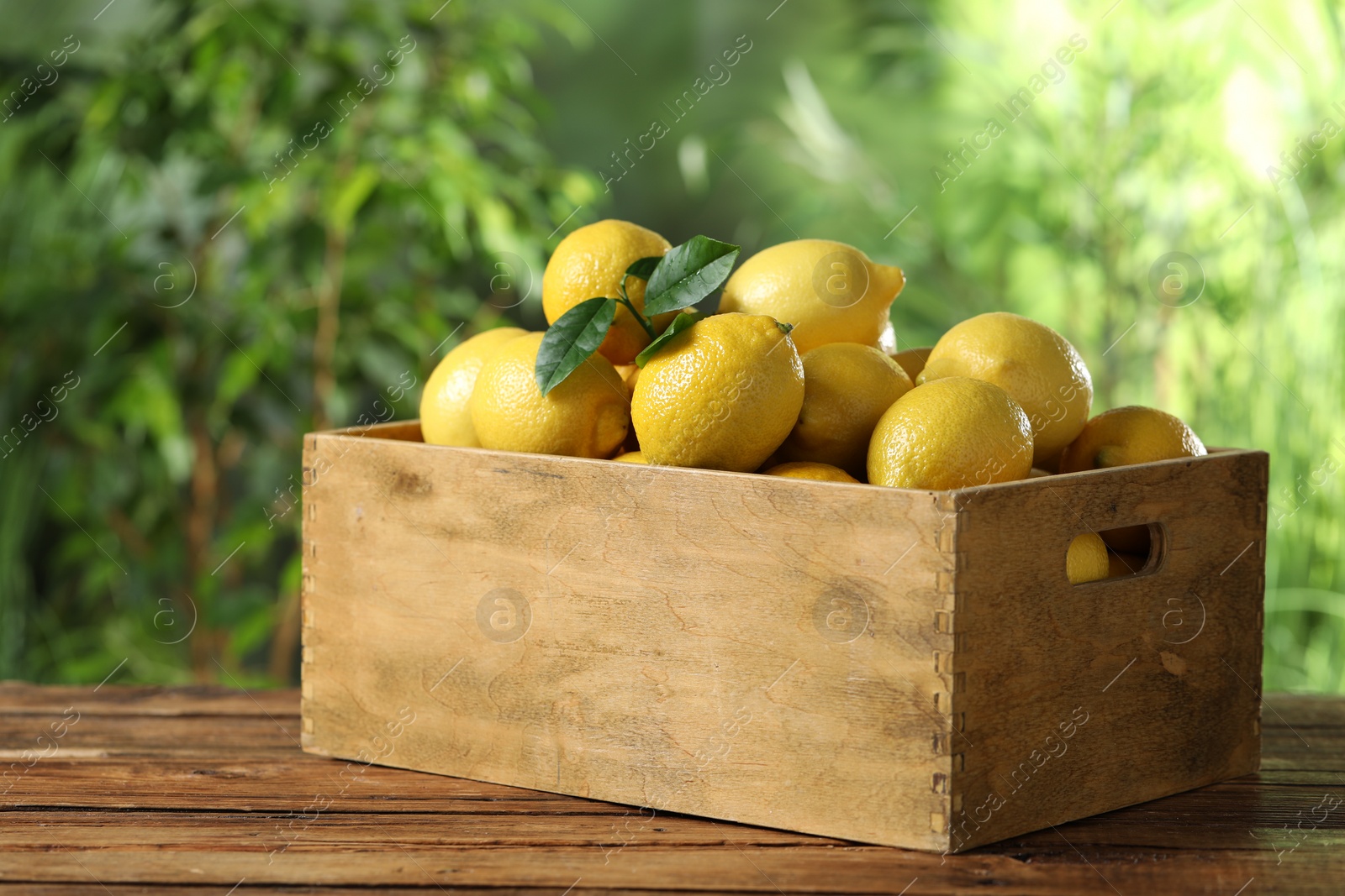 Photo of Fresh lemons in crate on wooden table