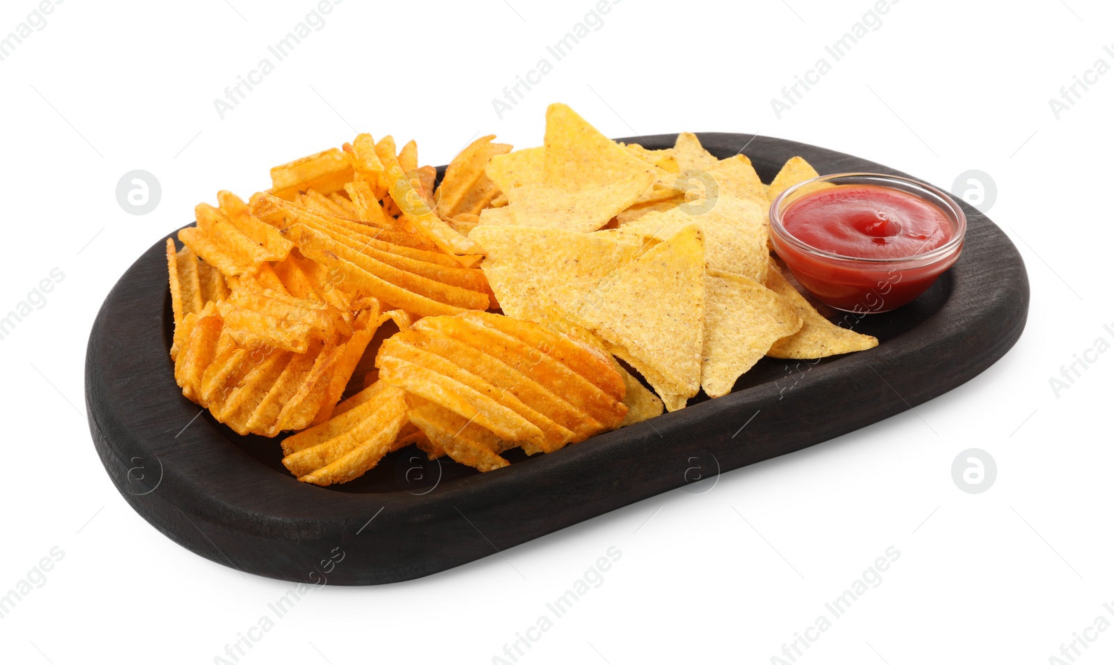 Photo of Tasty tortilla and ridged chips with ketchup on white background