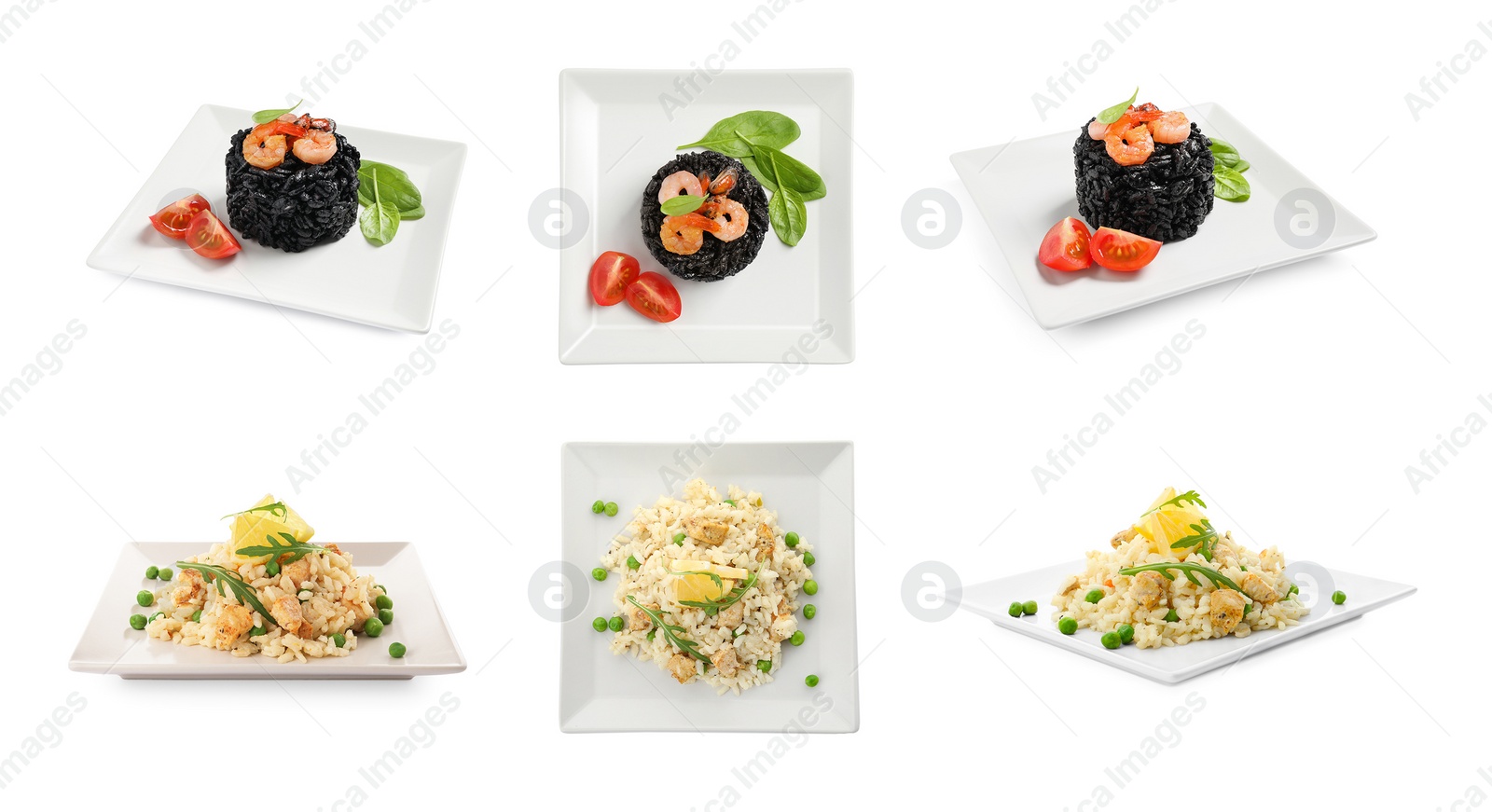 Image of Collage with delicious rissotos on white background