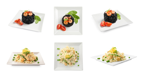 Collage with delicious rissotos on white background