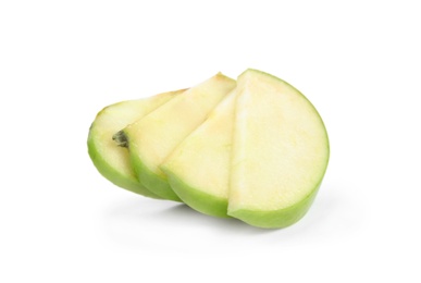 Photo of Pieces of fresh green apple on white background