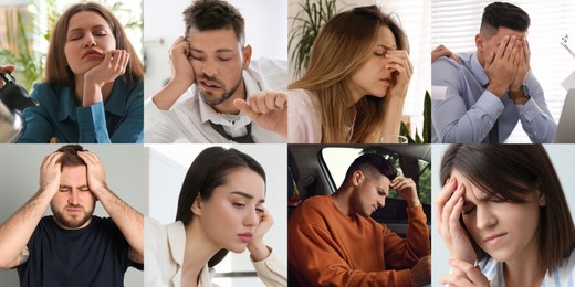 Image of Collage with photos of tired people. Banner design