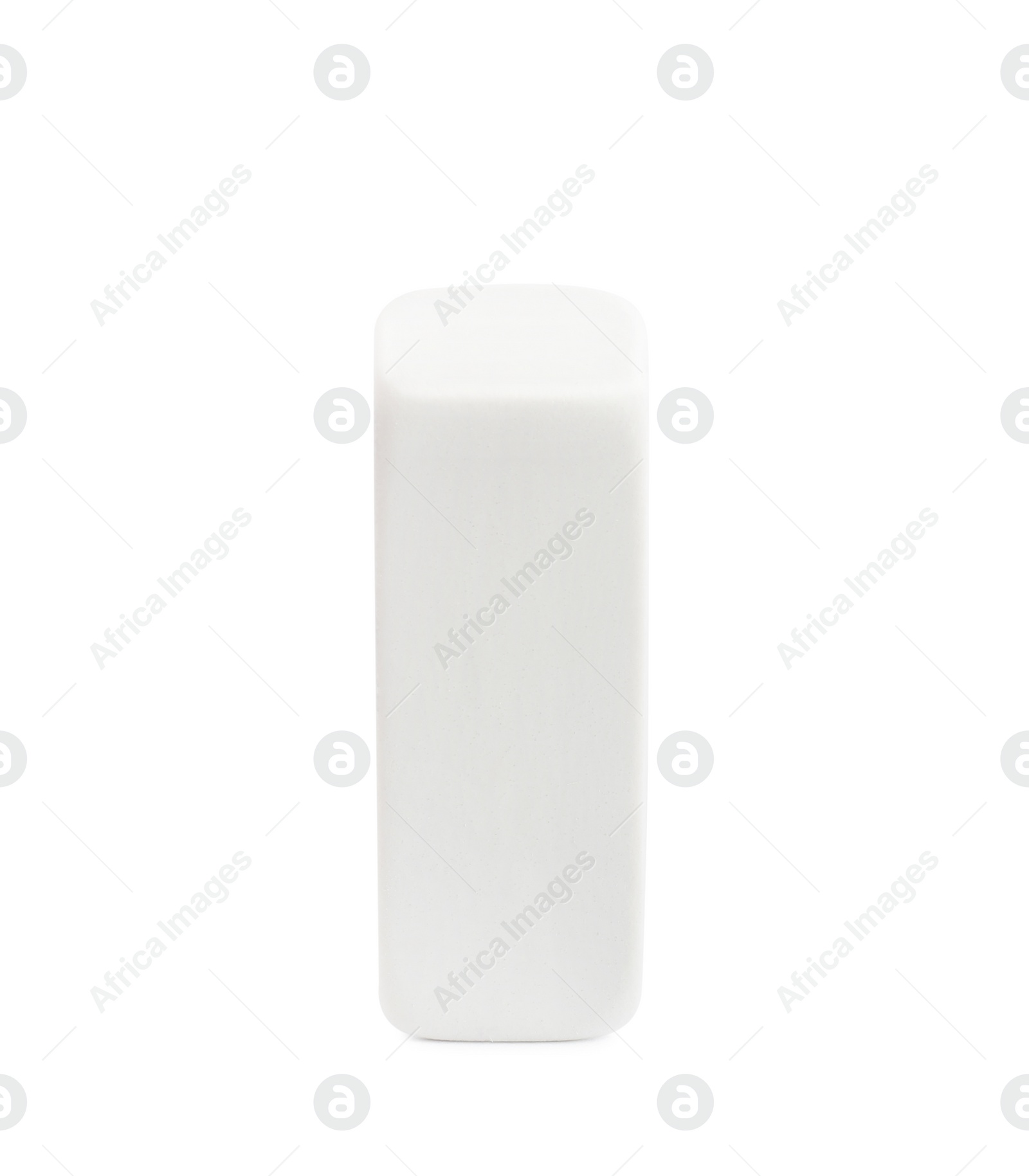 Photo of New eraser isolated on white. School stationery