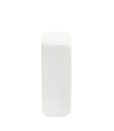 Photo of New eraser isolated on white. School stationery