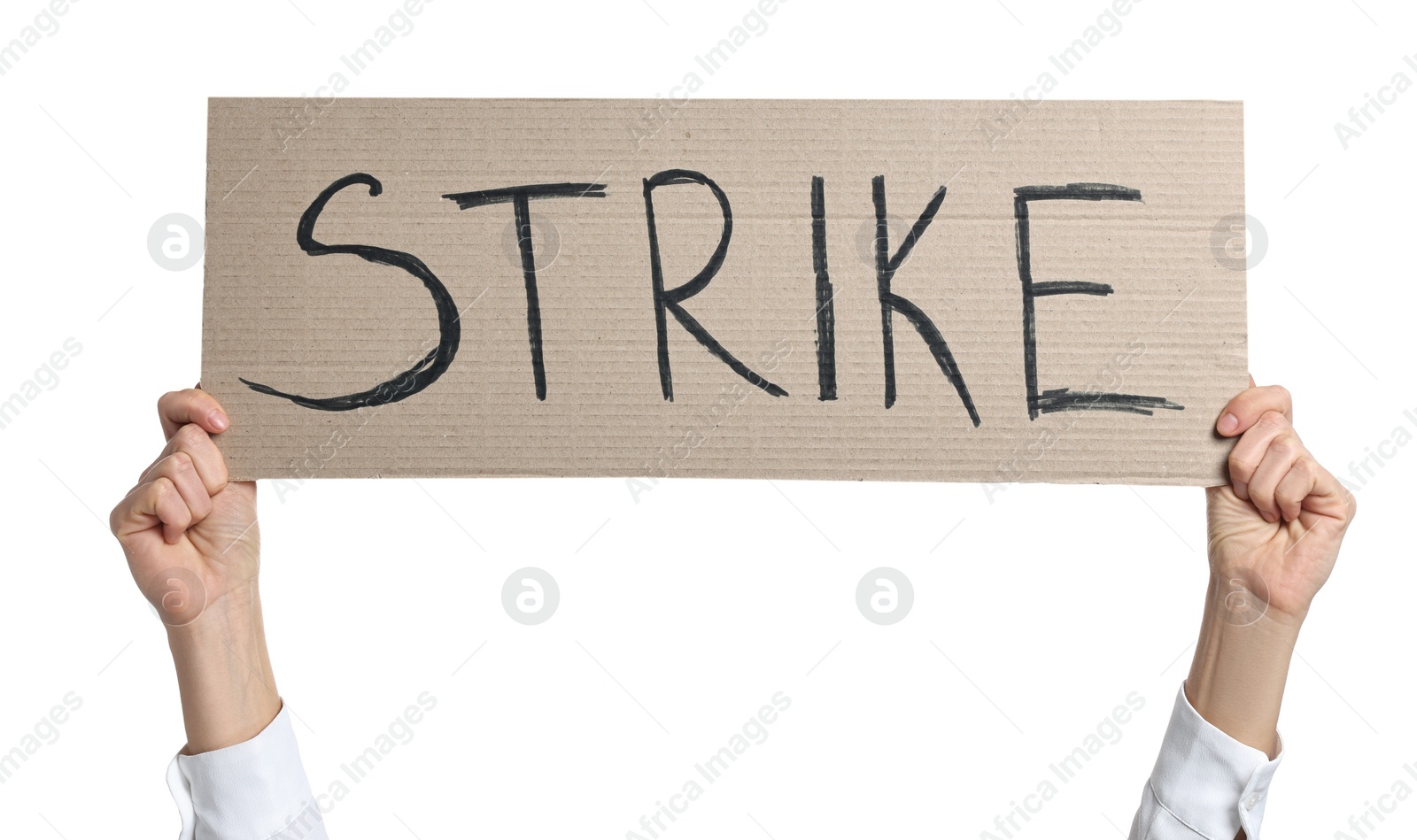 Photo of Woman holding cardboard banner with word Strike on white background, closeup