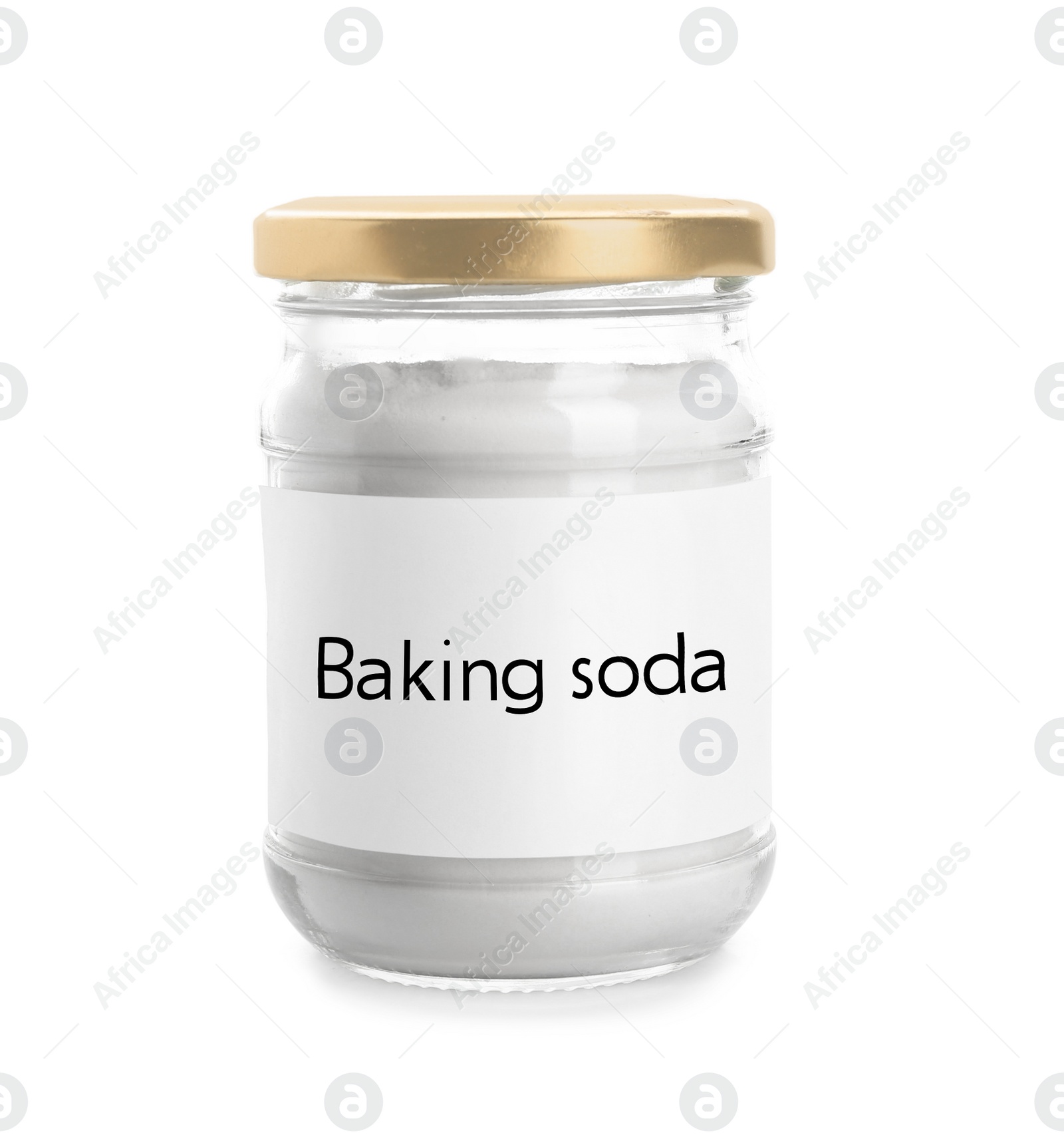 Photo of Jar with baking soda on white background